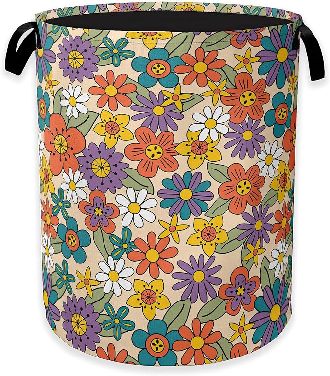 70s Groovy Flower Laundry Hamper,Hippie Flowers Collapsible Laundry Baskets,Waterproof Oxford Cloth Laundry Room Organization for Bedroom,Bathroom,Nursery,16x20 Inch
