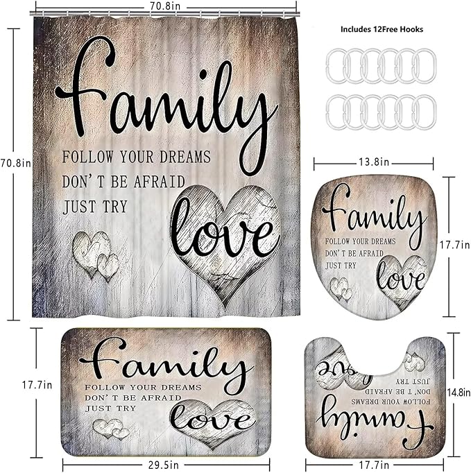 AZHM Inspirational Motivational Shower Curtain Set for Bathroom 4 Pcs Black Bathroom Accessory Decor Sets with Shower Curtain and Rugs