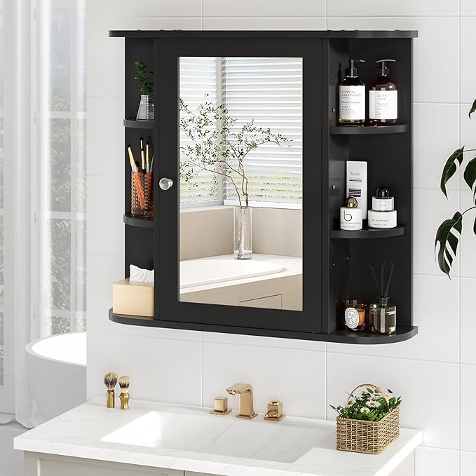 DL-win Bathroom Medicine Cabinet with Mirror, Wall Mounted Home Storage with Door, Over The Toilet Space Saver Storage Cabinet, Bathroom Cabinet Wall Mounted, Black