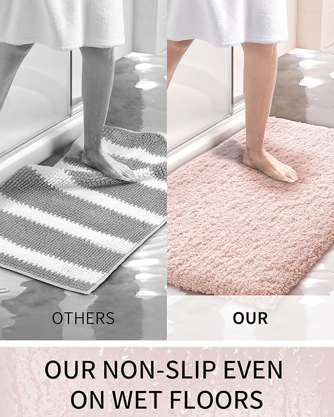 Bathroom Rugs Non Slip Washable, Ultra Thick Soft Microfiber Absorbent Bath Mats, High Density Foam Latex Non Slip Backing Bath Rugs, Fluffy Floor Carpet for Tub&Shower 24x17, Sakura