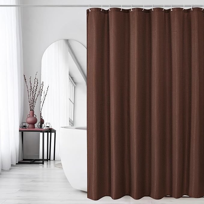 Gibelle Extra Long Shower Curtain 72 x 84, Tall Waffle Weave Textured Fabric Shower Curtain for Bathroom, Water Repellent, Machine Washable, Brown