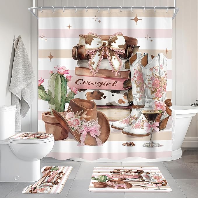 Cinbloo 4Pcs Brown Pink Shower Curtain Set,Western Cowgirl Fashion Boots Cactus Striped Hats Floral Books Bathroom Curtain with Rug, Toilet Lid Cover, Bath Mat,Women Girls Shower Curtain with 12 Hooks