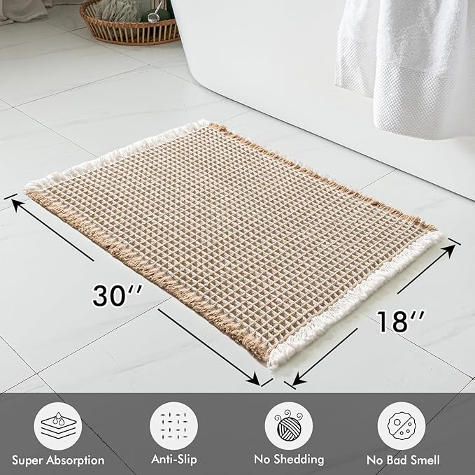 MIULEE Set of 2 Waffle Bathroom Rugs, Boho Bath Rugs Non Slip Washable, Super Absorbent Bath Mats, Ultra Soft Rubber Backed Shower Mats for Bathroom Floor, Tub, Brown & White, 18x30 Inch