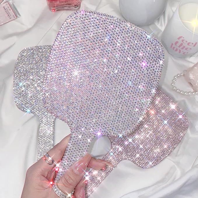 TISHAA Bling Handheld Makeup Mirror – Sparkly Crystal Rhinestone Compact Mirror for Women, Cute Portable Vanity Mirror for Travel, Purse, Gift for Her (White AB)