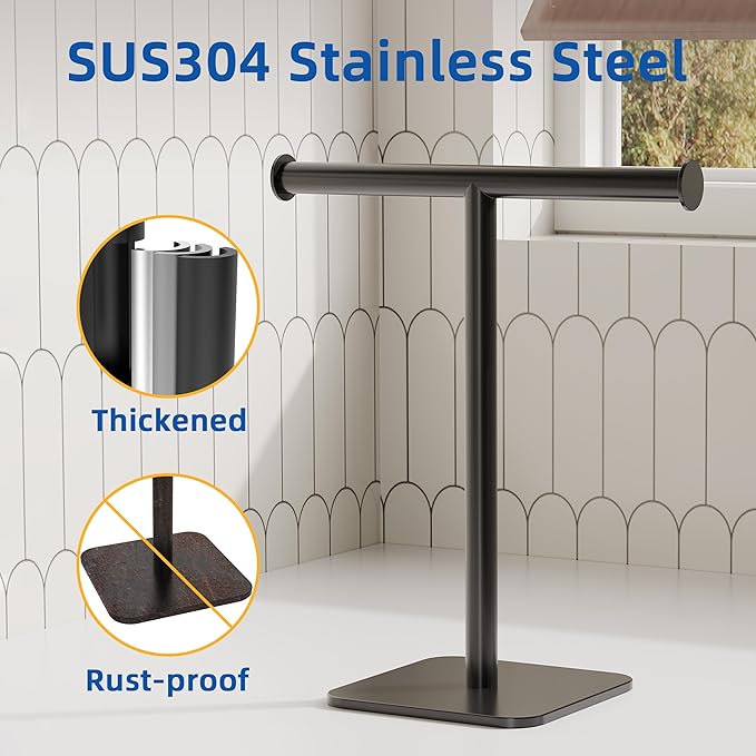 RUACQ T-Shape Hand Towel Holder Stand, 12inch Weighted Base Towel Rack, Countertop Towel Holder for Bathroom, 304 Stainless Steel, Heavy Duty (Matte Black)
