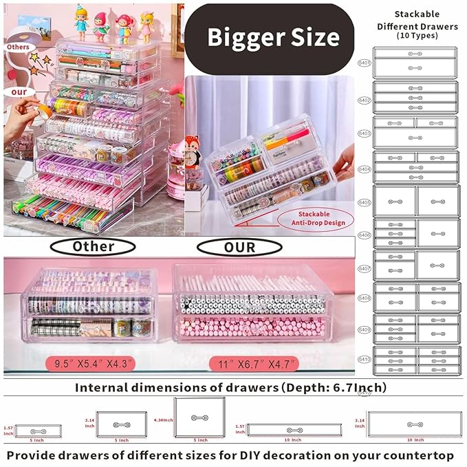 Cq acrylic Clear Stacking Make Up Organizers and Storage With 2 Drawers,4.7" Tall Acrylic Medicine Cabinet Organizer,Plastic Desktop Drawers Organizer for Vanity, Undersink, Kitchen Cabinets,Bathroom