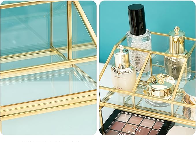 JIARI Glass Makeup Organizer with Drawer, Gold Brass Frame Jewelry Display Box, Nordic Style Cosmetic Storage for Vanity Bathroom Bedroom Office, 9.44x5.43x4.92 Inches (Storage Box-2 Tier)