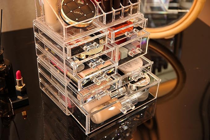 Cq acrylic 3 Pack Clear Makeup Organizer Countertop,Stackable 8 Drawers Skincare Organizer,Cute Skin Care Organizer for Vanity Hair Clip,Jewelry,Beauty Product Desk and Make Up Organizers for Vanity