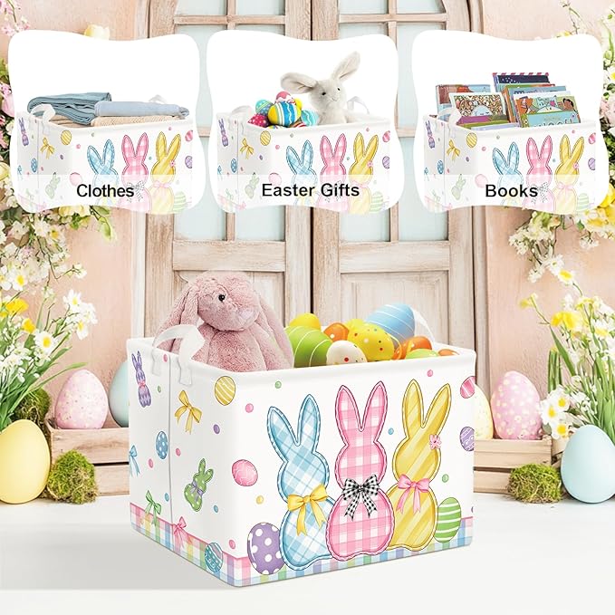 Clastyle Easter Rabbit Cross Kid Storage Basket Baby Laundry Hamper Boy Girl Gift Toy Box Collapsible Egg Clothes Organizer Nursery Bin for Bedroom,Bunny,40x30x30 cm