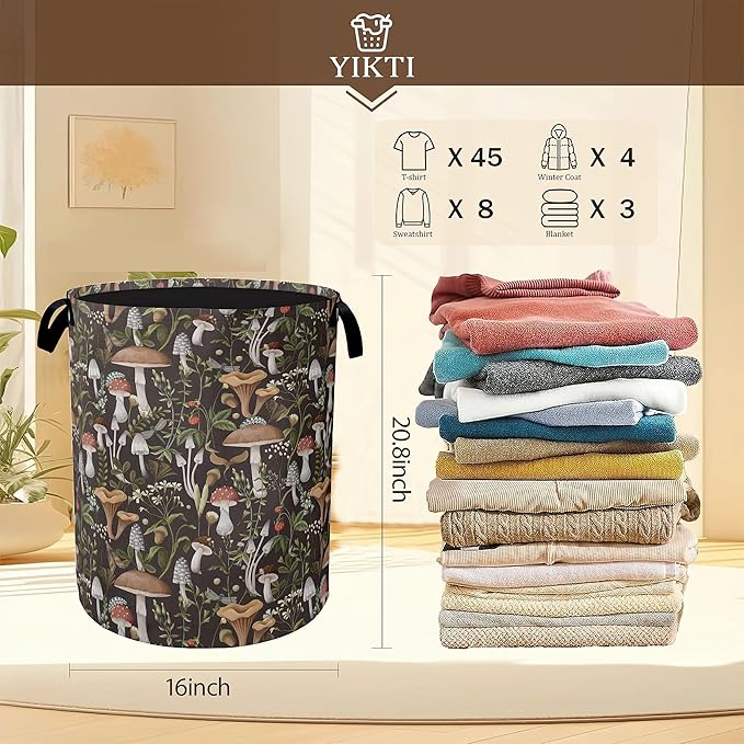 Collapsible Laundry Basket,Vintage Mushroom Dirty Clothes Hamper,Forest Wildflower Hampers for Bedroom Waterproof Oxford Cloth Storage Organizer for Bathroom,Nursery,Dorm,16x20 Inch