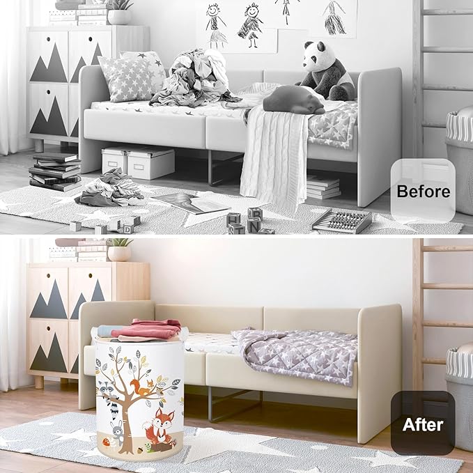Forest Animals Laundry Hamper Woodland Tree Large Storage Basket Parents Organizer Kids Clothes Toy Bins for Bedroom, Bathroom, Fox, 63L