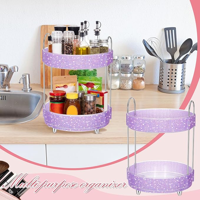 Honeydak 360 Rotating Perfume Organizer for Mother Day Nurse Day Rhinestone Bathroom Counter Organizer Makeup Holder Skincare and Perfume Storage for Cosmetic Countertop(2 Tiers,Resin Stone,Purple)