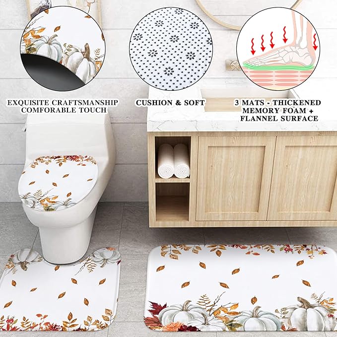 Drydiet 4 Pcs Fall Shower Curtain Sets 71 x 71 in Thanksgiving Autumn Non Slip Rugs Toilet Lid Cover Bath Mat and 12 Hooks Fall Bathroom Shower Curtain for Thanksgiving Harvest Farmhouse Home Decor