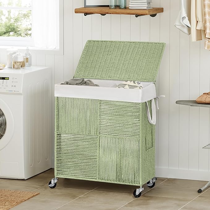 WOWLIVE Double Laundry Hamper with Lid, Handwoven Rolling Laundry Basket with Wheels, 115L Dirty Clothes Hamper with Removable Liner Bag Large Capacity Laundry Sorter Laundry Room Organization,Green