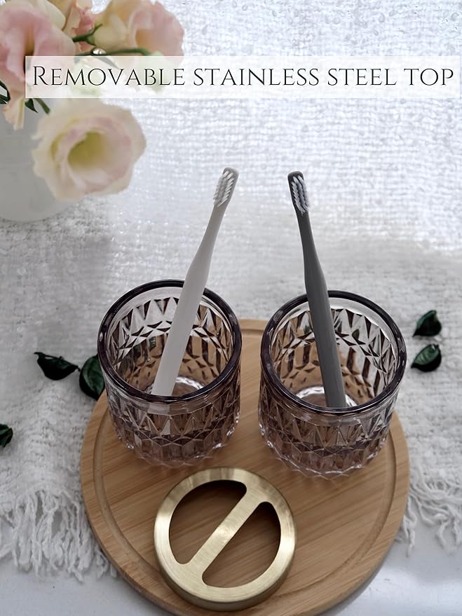 LaMarriti Gray Bathroom Accessories Set, 5Pcs Clear Glass Bathroom Sets, Soap Dispenser, Soap Dish, Toothbrush Holder Set, Cotton Swab Jar, Black and Gold Accent for Vintage Bathroom Decor, Gift Set