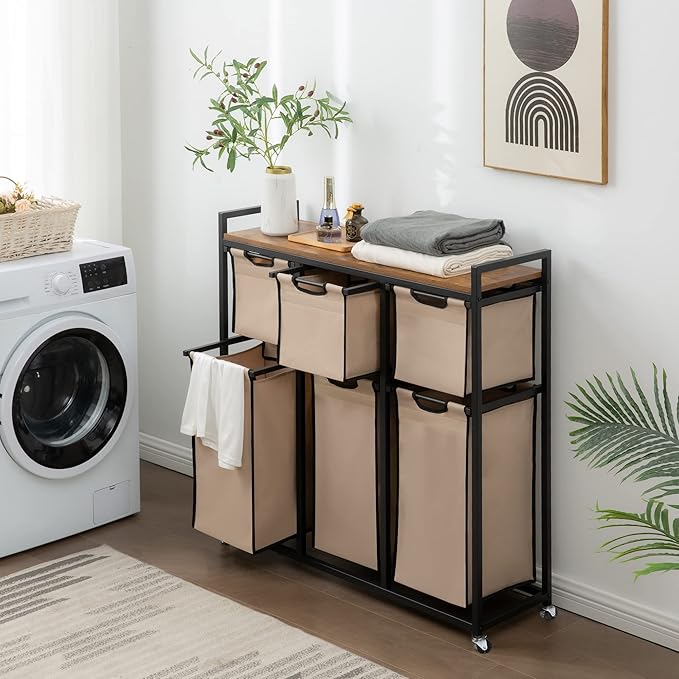 Suntage Laundry Basket Organizer, Hampers for Laundry 6 Compartments, Laundry Hamper with 6 Sliding Laundry Sorter Bags, Top Storage Shelf, and Metal Frame (6 Compartments)
