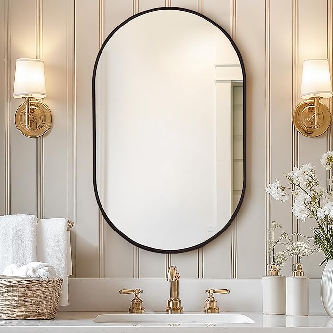 SogesHome Medicine Cabinet with Mirror, 21x34 Oval Mirror Cabinet, Wall Mount Recess Bathroom Vanity Mirror with Storage with 2 Shelves, Perfect for Bathroom, Black