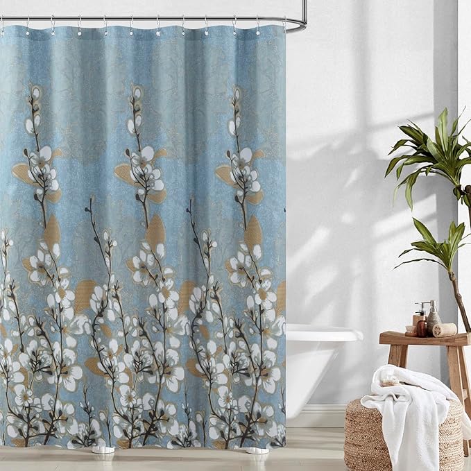 Fabric Floral Shower Curtain, Blue Brown Plant Flower Shower Curtains for Bathroom, Decorative Waterproof Bathroom Curtains, 62" W x 72" H