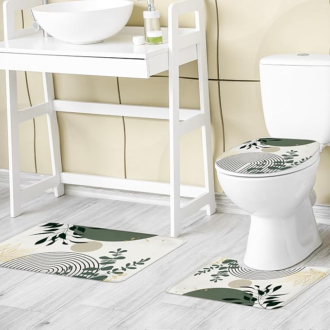 Riyidecor Boho Sage Green 4Pcs Shower Curtain Set with Toilet Lid Cover and Non-Slip Rugs, Mid Century Modern Minimalist Bathroom Decor Set，Abstract Contour and Bath Mat with 12 Hooks