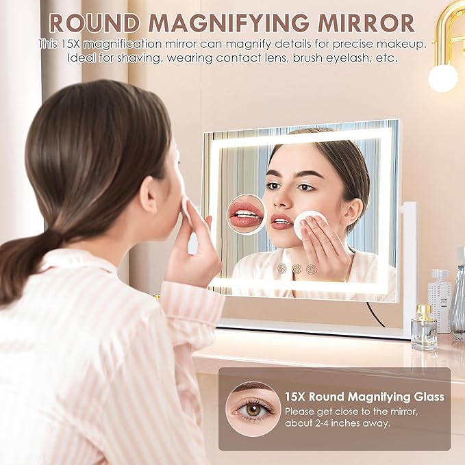 Vanity Mirror with Lights, LED Makeup Mirror, Light Up Vanity Mirror with 3 Colors Dimmable Strip Light, Dimming Touch Sensor, Detachable 15X Spot Magnifying, 360 Rotation (White)