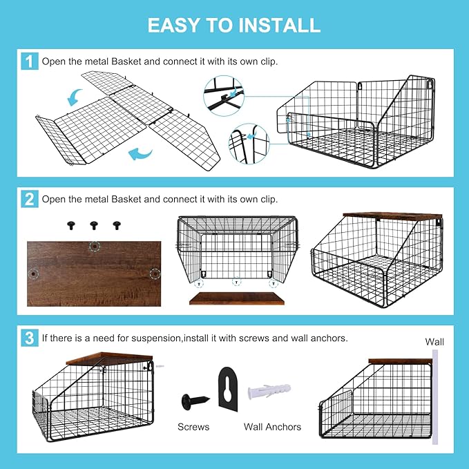 MSJGA Laundry Room Shelves Wall Mounted with Storage Basket - Farmhouse Stackable Wire Wall Shelves Organizer for Towels, Detergent, Tissues | Space-Saving Over Washer & Dryer(11.8" Wx12 Dx8.5 H)