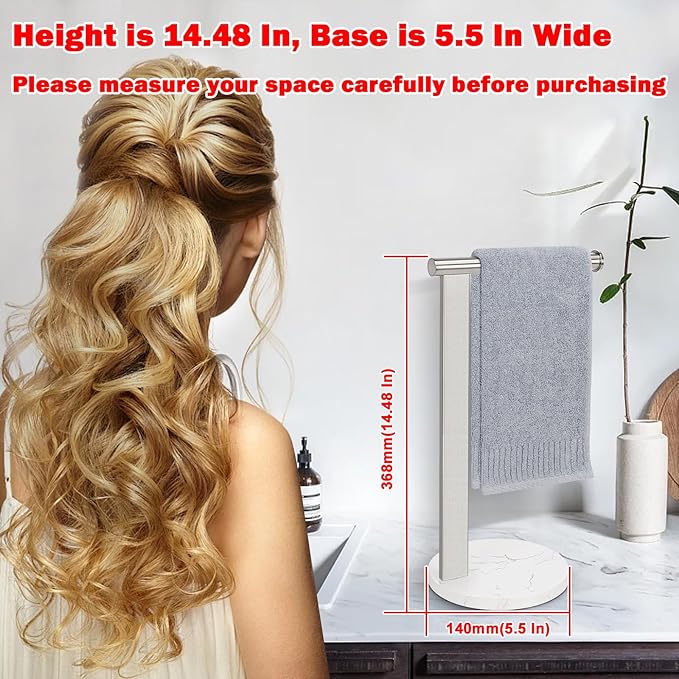 Hand Towel Holder Stand for Bathroom, L- Shaped Standing Hand Towel Rack, Towel Bar Kitchen Vanity Countertop Organizer, SUS304 Stainless Steel Material (Marble Base, Brushed Nickel)