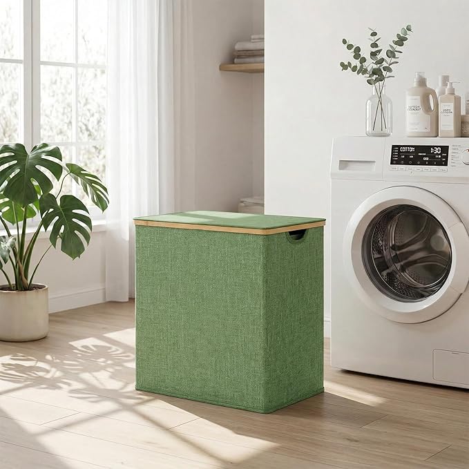 efluky Laundry Hamper with Lid, Double Laundry Hamper with 2 Removable Bags, 2 Section Laundry Basket with Bamboo Handles for Bathroom, Bedroom & Laundry Room,140L Green