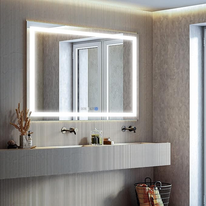 30x60 Inch Rectangular LED Bathroom Mirror with Lights Front and Backlit, 3 Color Modes, Touch Dimmer, Anti-Fog - Wall Mounted Vanity Mirror for Bathroom, Bedroom - Fab Glass and Mirror