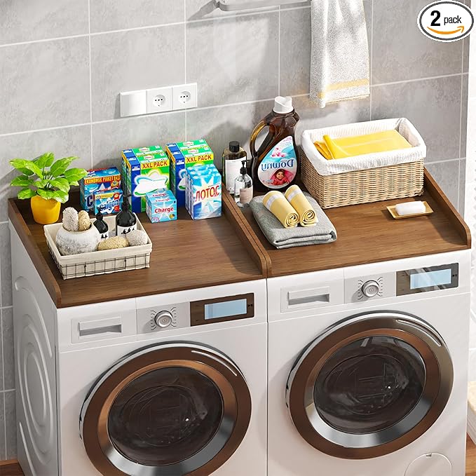 Washer Dryer Countertop Set of 2, 54.34" L x 27.56" W x 2.76" H Laundry Topper for Washer and Dryer, Wood Laundry Countertop with Anti-Slip Pads & Edge Rails for Laundry Room Organization (Dark Wood)