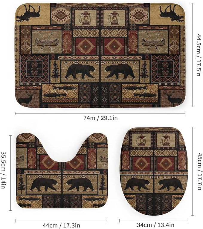 Rustic Bear Tribal 4 Piece Shower Curtain Sets, Non-Slip Rugs, Toilet Lid Cover and Bath Mat, Durable and Waterproof, for Bathroom Decor Set One Size