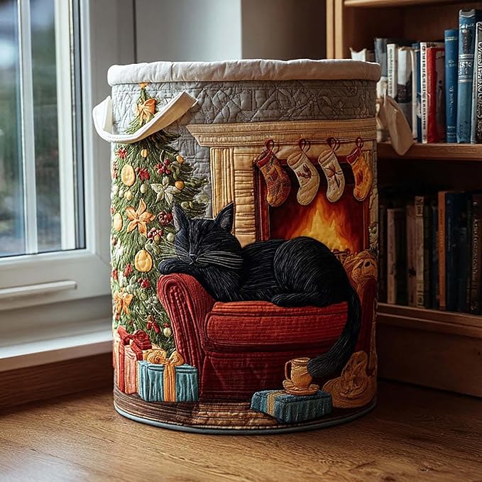 Cute Cat Quilted Laundry Basket with Handles, Boho Floral Fabric Quilted Laundry Basket, Large Soft Collapsible Storage Hamper for Nursery, Bedroom, Bathroom, Clothes & Toy Organization (#03)