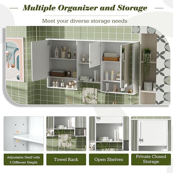 Merax Medicine Cabinet for Bathroom, Wall Mount Bathroom Cabinet with Mirror, Open Shelf, and Towel Bar, 55" W x 28.7" H Over The Toilet Mirrored Bath Wall Cabinet