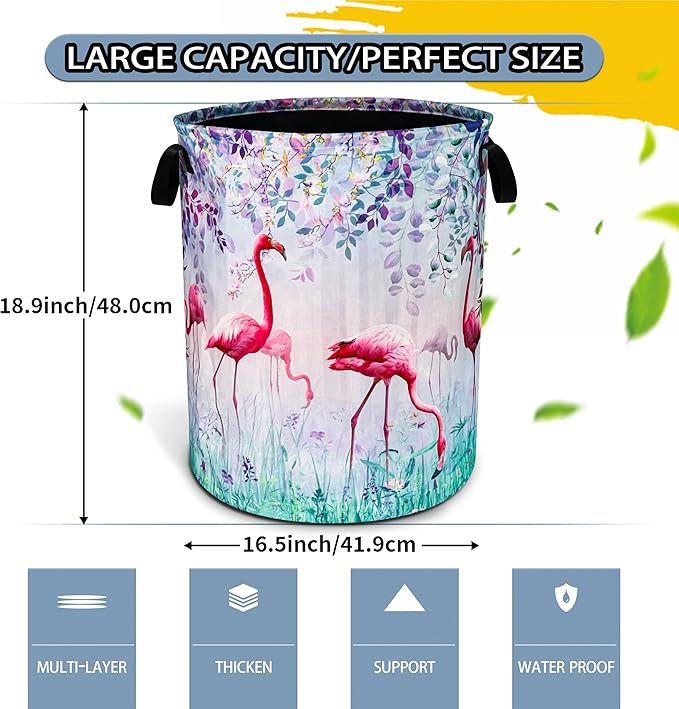 NUTAINLA Flamingo Laundry Basket Animal Foldable Oxford Cloth Funny Tote Bag Laundry Hamper Clothes Storage Bucket Toy Organizer For Bathroom/Laundry Storage/Bedroom 18.9x16.5 Inch