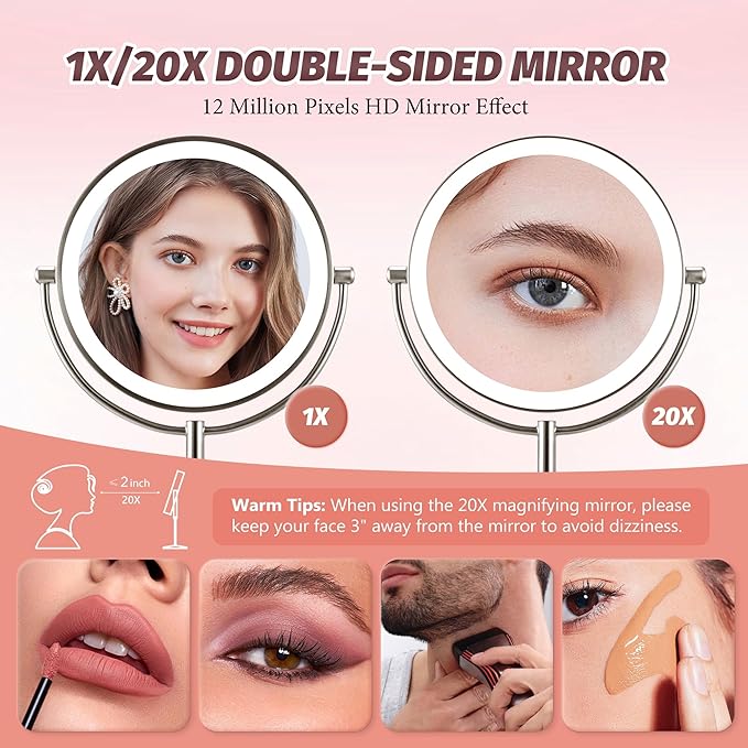 9" Lighted Makeup Mirror, 1X/20X Rechargeable Magnifying Mirror with 3 Color Dimmable Lights for Bedroom Tabletop, Base Charging and Switch, Women Gift