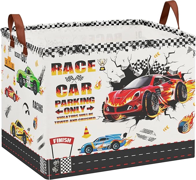 Race Car Toy Storage Basket, Collapsible Kids Laundry Hamper with Parking Sign, Car Themed Storage Organizer Bin for Boys Room, Nursery, Bathroom-36L Tire Toy Box
