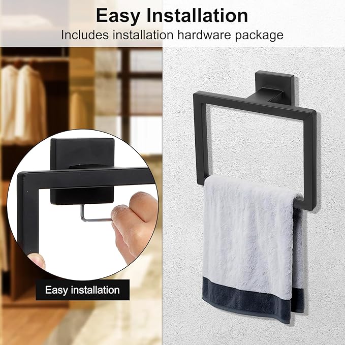 Hand Towel Ring Shower Towel Hanger 2PC Bath Towel Holder Bathroom Lavatory Stainless Steel Wall Mount 2 Pack, Matte Black