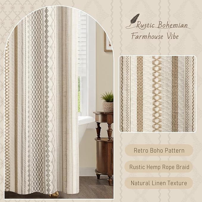 Boho Linen Shower Curtain for Bathroom,with Striped Print and Twine-Inspired Woven Center,Extra Long 72" W x 96" L,Beige