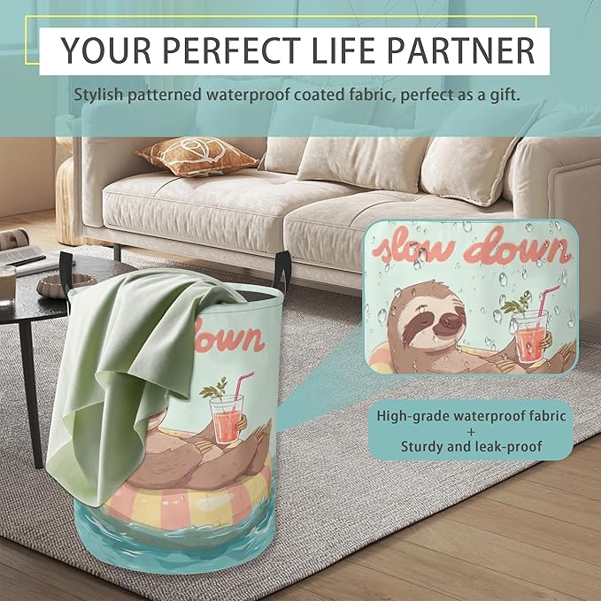 Sloth Round Laundry Hamper Storage Basket Toys Clothes Organizer Bin For Home Bathroom Bedroom Dorm Nursery