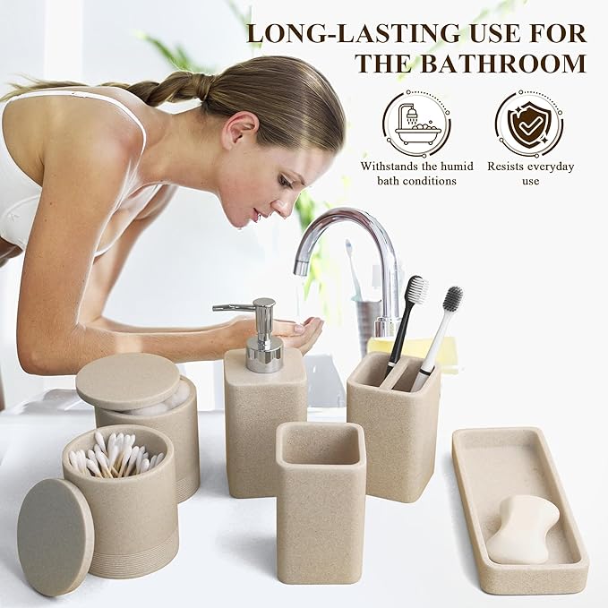 YMXYJM Bathroom Accessories Set, 6 Piece Bathroom Set with Toothbrush Holders, Soap Dispenser, Vanity Tray, Tumbler, Cotton Swab Jars, Bathroom Organizer，Bathroom Sink Sets, Stone Beige