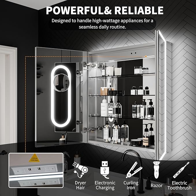 ExBrite 30 x 32 Lighted Medicine Cabinet with Mirror, Front&Backlit led Medicine Cabinet,Defog,5X Magnifier,3 Colors Temper Dimmable,Surface or Recessed Mount,Door Wide Open