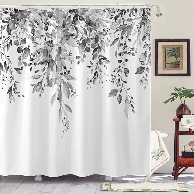 kampdream Grey and White Eucalyptus Plant Shower Curtain, Watercolor Leaves On The Top Botanical Bathroom Curtain 72 ×72 Inch