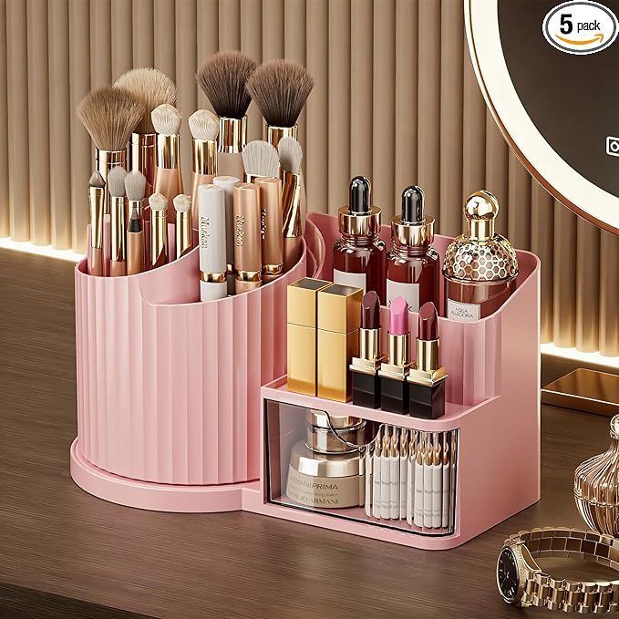 Anyoifax 360 Rotating Makeup Brush Holder Organizer with Drawer 5 Slots Make Up Brushes Cup Flower-Shaped Spinning Pen Holder for Vanity, Cosmetics, Lipsticks, Pink