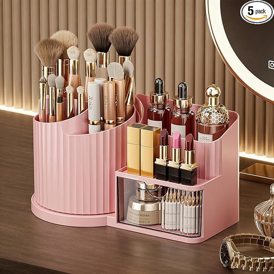 Anyoifax 360 Rotating Makeup Brush Holder Organizer with Drawer 5 Slots Make Up Brushes Cup Flower-Shaped Spinning Pen Holder for Vanity, Cosmetics, Lipsticks, Pink