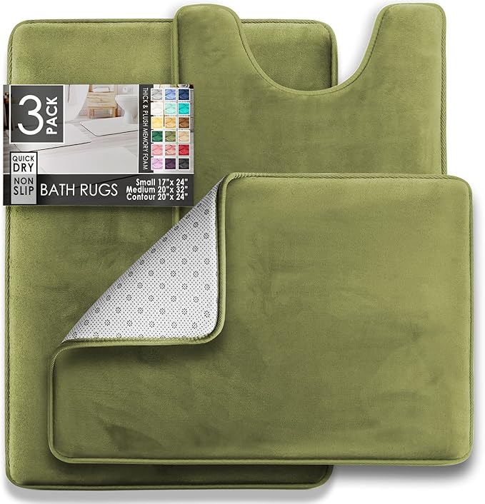Clara Clark 3 Piece Bathroom Rugs Bath Mat Set, Velvet Memory Foam Bath Mats for Bathroom - Non-Slip, PVC Backing Bath Rugs, Washable - Dries Quickly, Green
