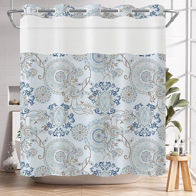 Neasow No Hook Shower Curtain with Snap in Liner, Light Blue and Navy Paisley Floral Curtains with Waterproof Inner Liner for Bathroom, Cool Teal 72×74 inches