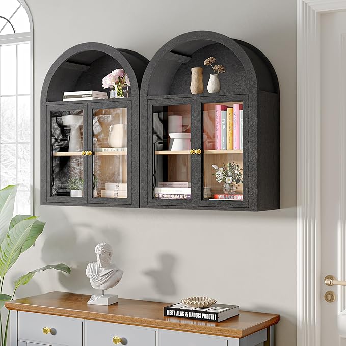 Furnaza Arched Wall Mounted Display Medicine Cabinets with Tempered Glass Doors and Adjustable Shelf for Bath or Living Room (Black, 24" W X2pcs)