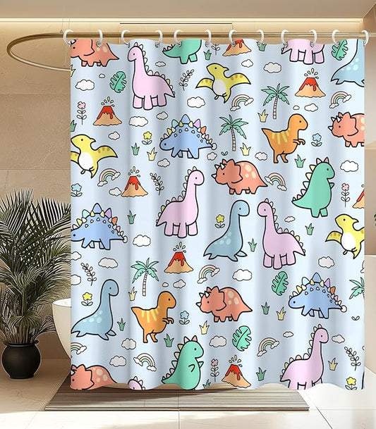 MAMUSE Shower Curtain for Bathroom - Cute Aesthetic Decorative Modern Girly Unique Girls Design Pretty Women Waterproof Fabric Cloth Cortinas de Baño Bathtub 72 x 72 Inch, Little Dino