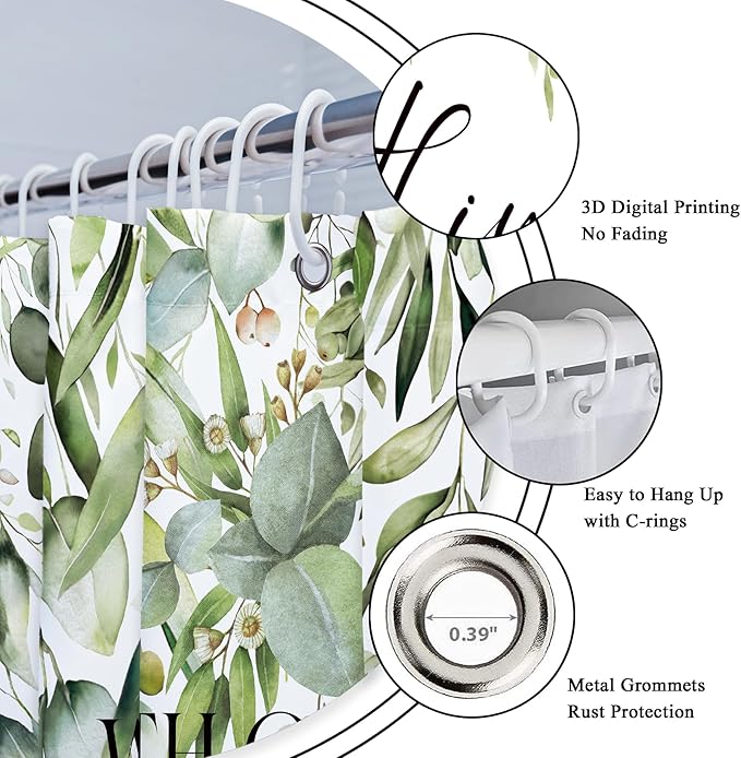 Riyidecor Sage Green Eucalyptus Leaves Shower Curtain for Bathroom Decor 72Wx72H Bible Verse Quotes Spring Floral Botanical Watercolor Art Printed Fabric Polyester Waterproof 12 Pack Metal Hooks