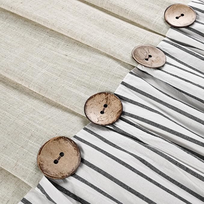Farmhouse Shower Curtain,Beige and Black Stripe,Button Curtain,Linen and Cotton Woven Fabric,Rustic Charm Country Chic Style,72x96 in