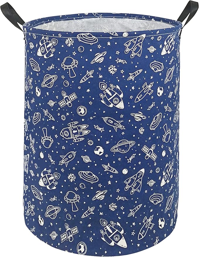 KUNRO Round Laundry Gift Basket Storage Hamper, Clothes Storage Organizer Bins, Shelf Basket with Handles for Room Decor (navy Spaceship)